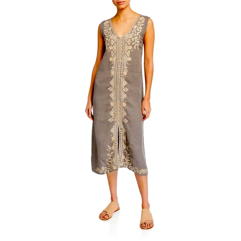 Embroidered Sleeveless Johnny Was Kemi Dress in Gray and Cream